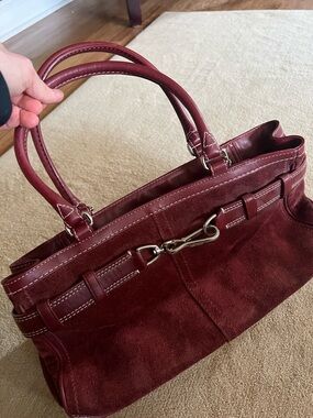 Coach Burgundy Suede Shoulder Bag with Leather Trim